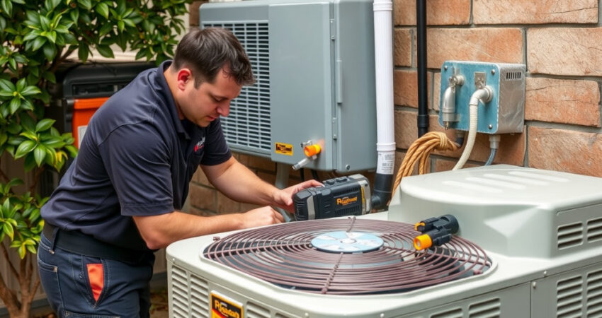 HVAC technician performing work on an outdoor AC unit.