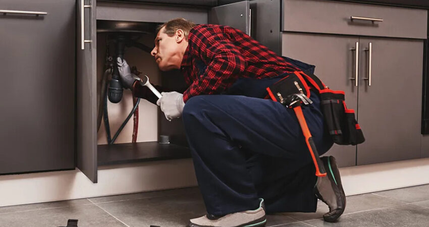 Plumbing performing repair on kitchen pipes under the sink.