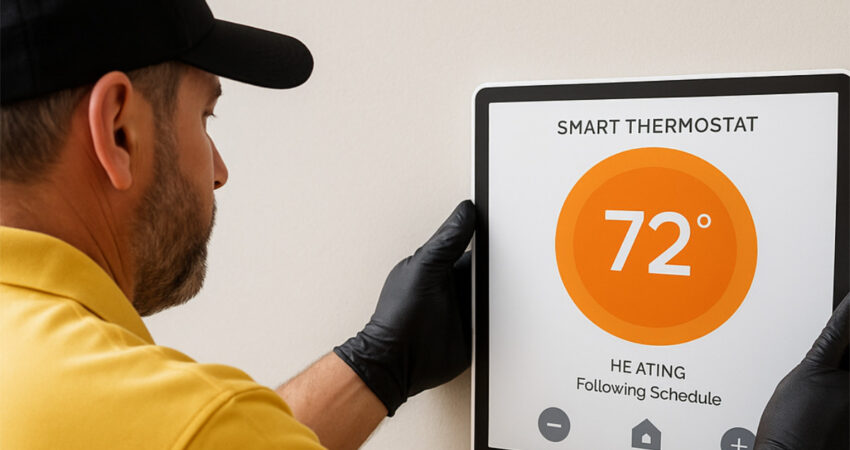 An HVAC technician installing a smart thermostat.