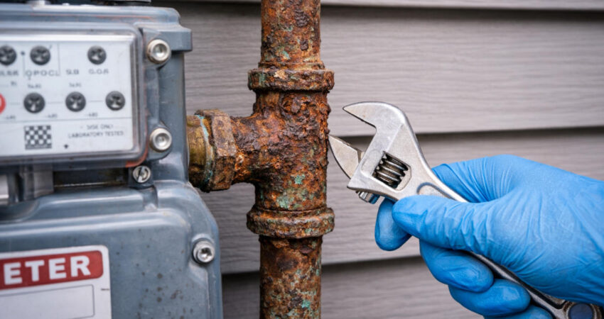 Corroded outdoor iron gas pipe near gas meter.