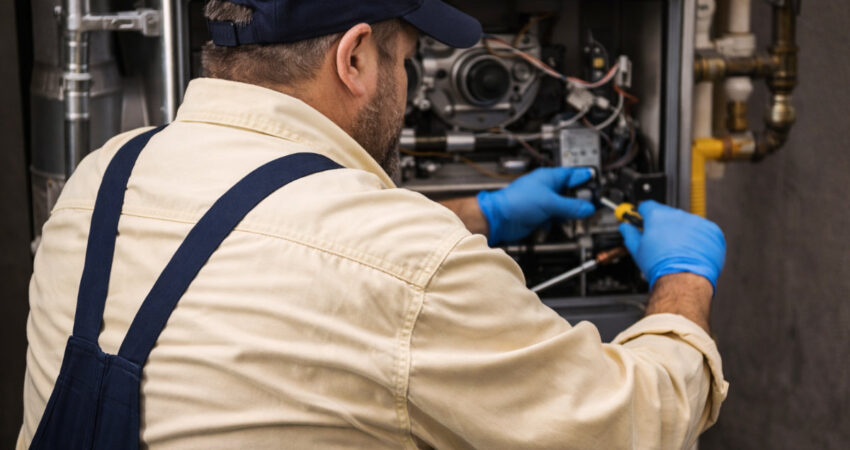 HVAC technician servicing a furnace.