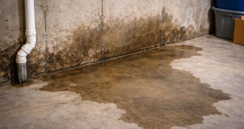 Wet basement wall and floor due to slab leak.