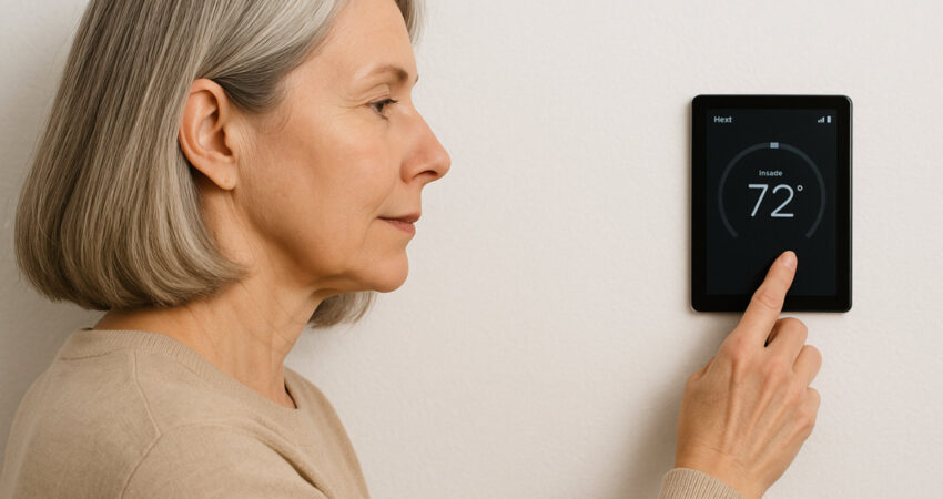 Woman adjusting a smart thermostat.