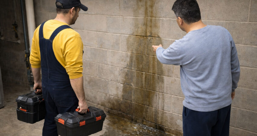 Homeowner showing a basement slab leak to a plumber.