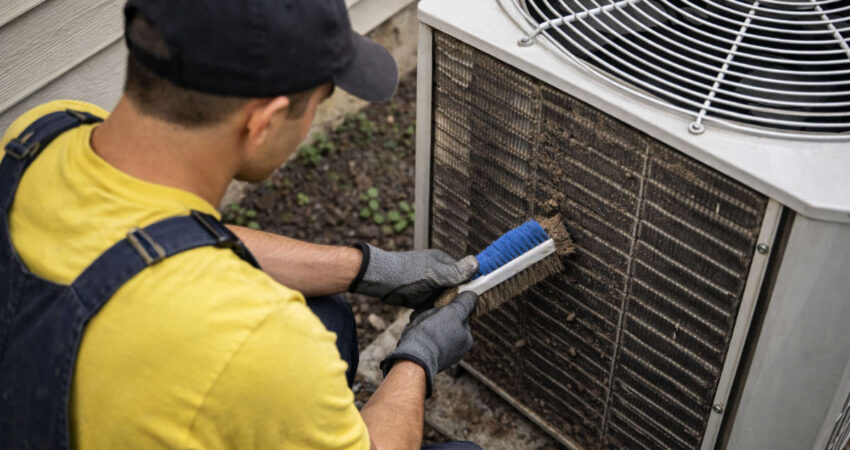 HVAC technician cleaning a heat pump's coils.
