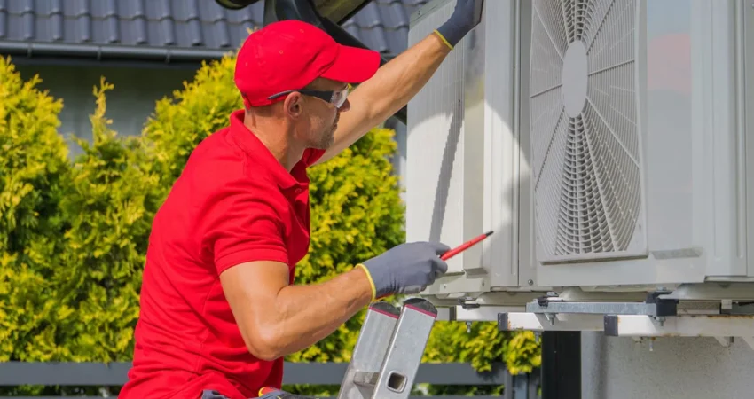 HVAC technician preparing to perform maintenance work on a heat pump.