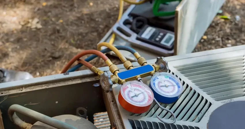Refrigerant check on HVAC outdoor unit.