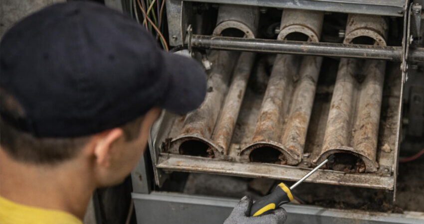 Old, cracked furnace heat exchanger.